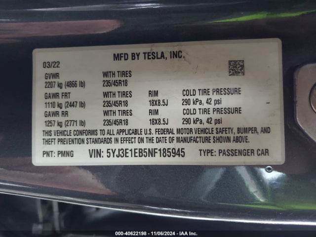 2022 TESLA MODEL 3 5YJ3E1EB5NF185945 Photo 8