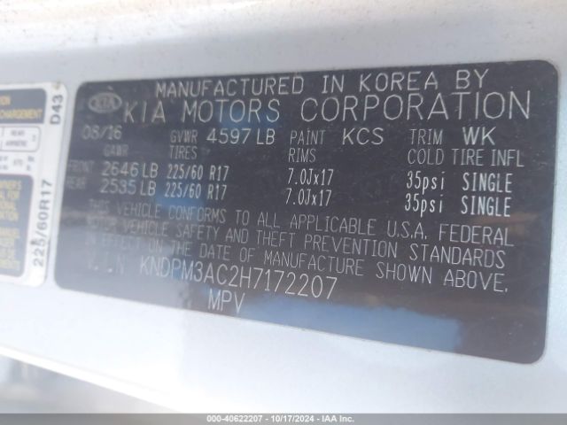 KNDPM3AC2H7172207 KIA Sportage Lx