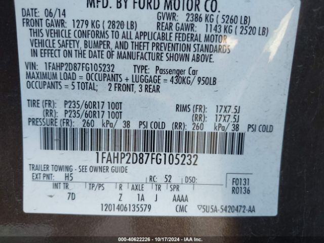 1FAHP2D87FG105232 Ford TAURUS SE