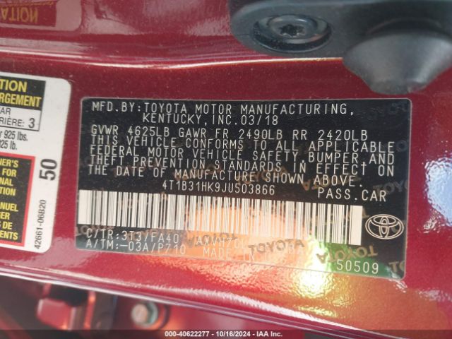 4T1B31HK9JU503866 Toyota Camry Hybrid Le