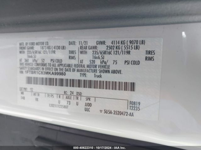1FTBR1C83MKA99980 Ford Transit-250 Cargo Van