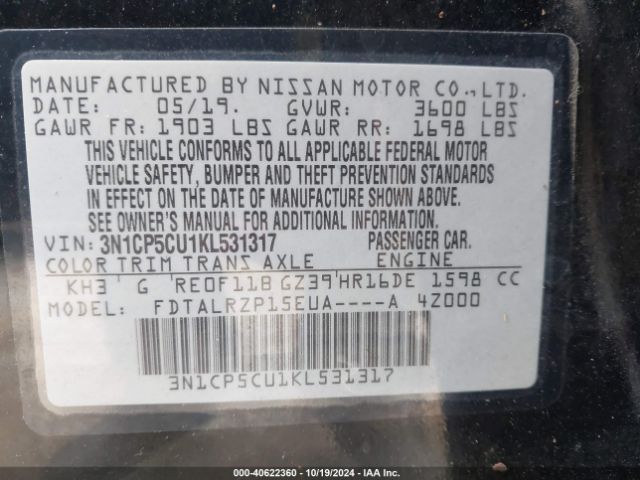3N1CP5CU1KL531317 Nissan KICKS S