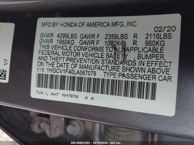 Honda ACCORD EX 2020 1HGCV1F40LA067079 Image 9