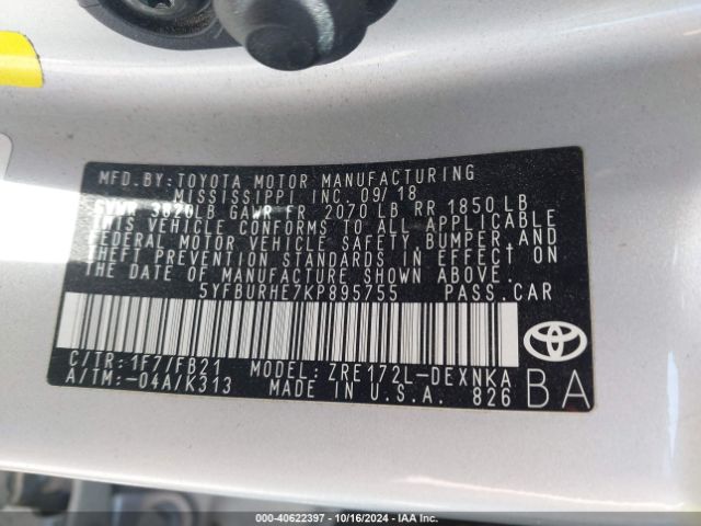 5YFBURHE7KP895755 Toyota COROLLA LE