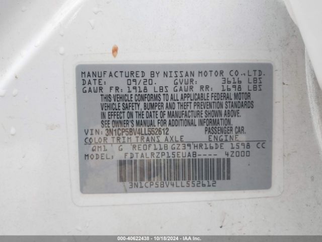 3N1CP5BV4LL552612 Nissan Kicks S Xtronic Cvt