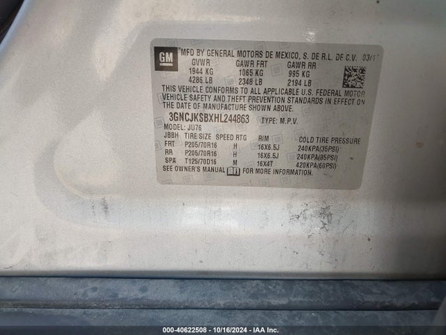 Chevrolet TRAX LS 2017 3GNCJKSBXHL244863 Image 9