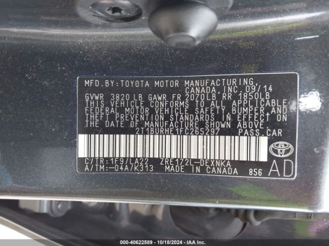 2T1BURHE1FC265297 Toyota Corolla Le Premium
