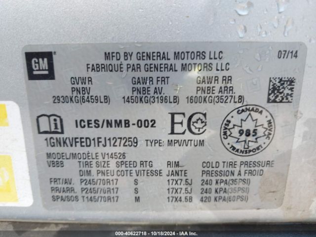 1GNKVFED1FJ127259 Chevrolet Traverse Ls