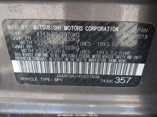 JA4AP3AU1KU027698 Mitsubishi Outlander Sport 2.0 Es