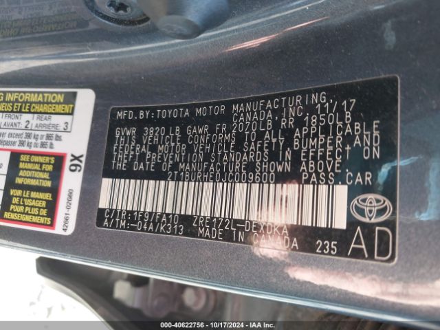 2T1BURHE0JC009600 Toyota COROLLA L