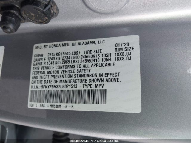 5FNYF5H37LB021513 Honda Pilot 2wd Ex