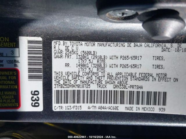 3TMBZ5DN9KM018725 Toyota Tacoma Trd Sport