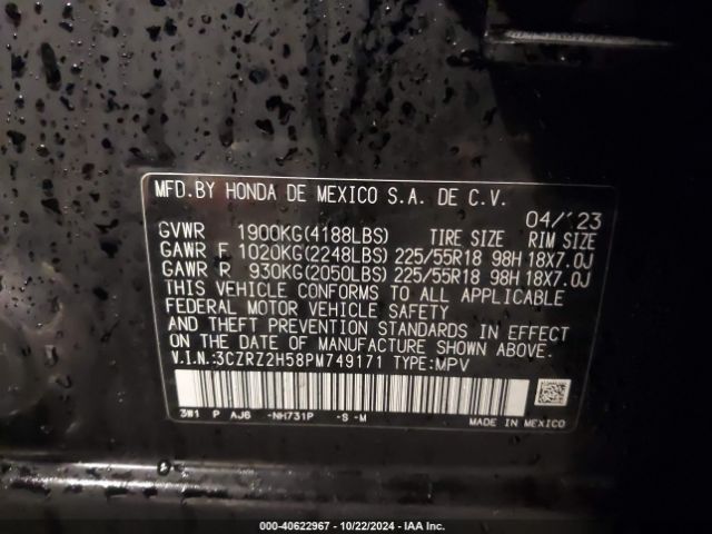 3CZRZ2H58PM749171 Honda Hr-v Awd Sport
