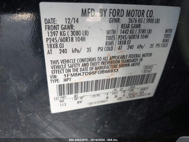 Ford EXPLORER XLT 2015 1FM5K7D95FGB66933 Image 9