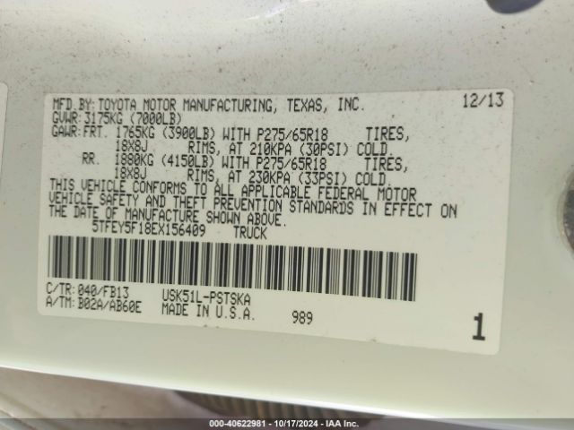 5TFEY5F18EX156409 Toyota Tundra Sr5 5.7l V8