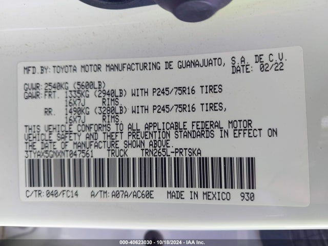 Toyota Tacoma Sr5 2022 3TYAX5GNXNT047561 Image 9