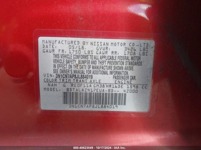 3N1CN7AP8JL884019 Nissan Versa 1.6 S+