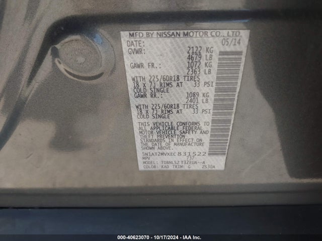 Nissan Rogue Sl 2014 5N1AT2MVXEC831522 Image 9