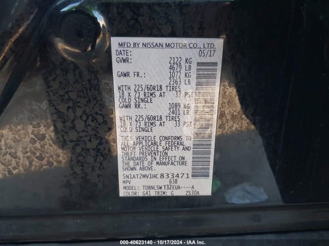 Nissan Rogue Sl 2017 5N1AT2MV1HC833471 Image 9