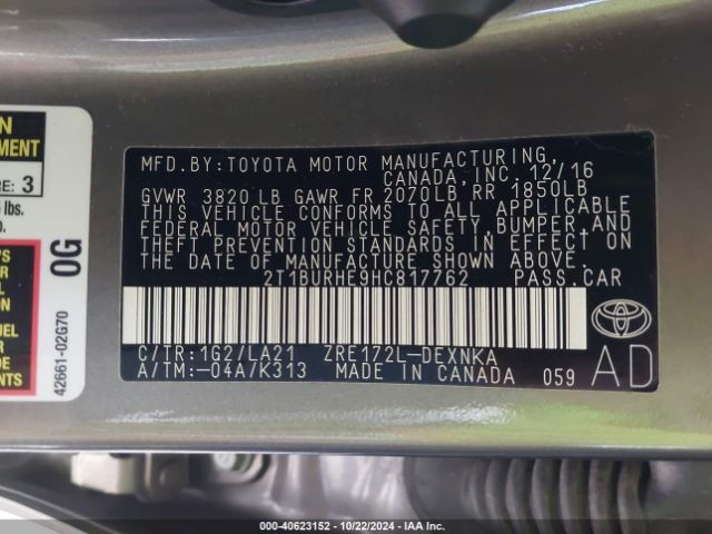 2T1BURHE9HC817762 Toyota Corolla Xle