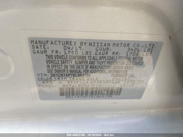 Nissan Versa 1.6 Sv 2019 3N1CN7AP7KL864734 Image 9