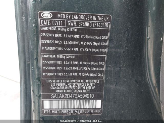 2011 LAND ROVER LR4 SALAK2D47BA594910 Photo 8