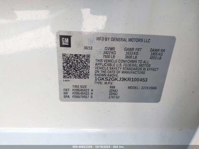1GKS2GKJ3KR100453 GMC Yukon Xl Slt