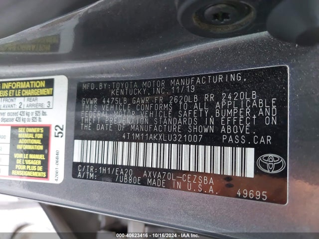 Toyota CAMRY SE 2020 4T1M11AKXLU321007 Image 9