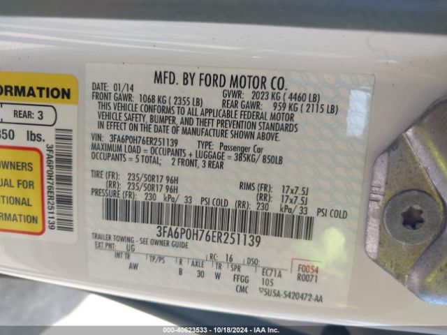 3FA6P0H76ER251139 Ford FUSION SE
