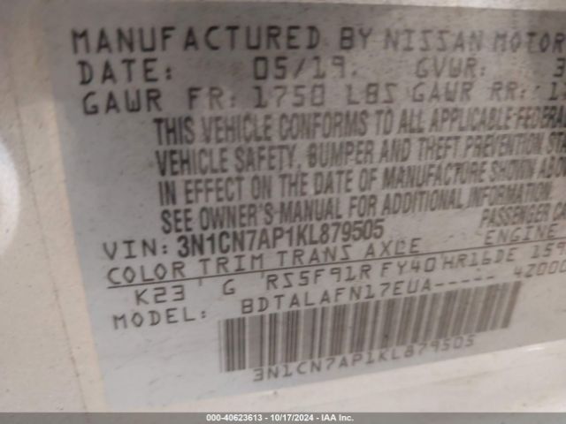 3N1CN7AP1KL879505 Nissan Versa 1.6 S