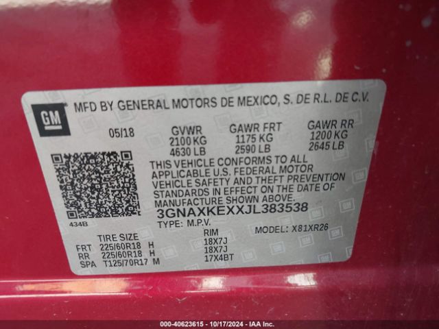 3GNAXKEXXJL383538 Chevrolet EQUINOX LT