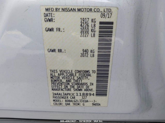 Nissan Altima 2.5 S 2018 1N4AL3APXJC118894 Image 9