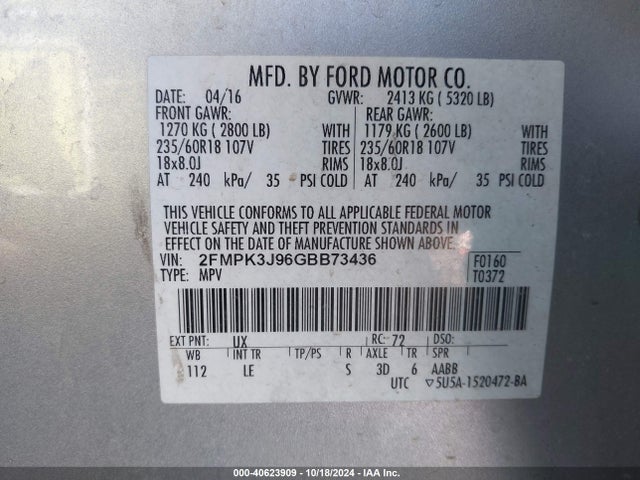 Ford EDGE SEL 2016 2FMPK3J96GBB73436 Image 9