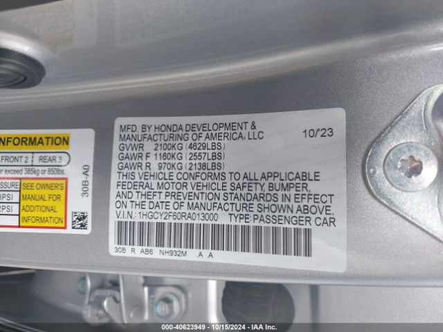 1HGCY2F60RA013000 Honda Accord Hybrid Ex-l