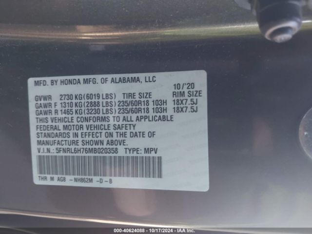 5FNRL6H76MB020358 Honda Odyssey Ex-l