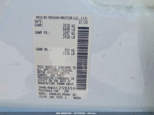 1N4BL4DW2LC259359 Nissan Altima Sv Intelligent Awd