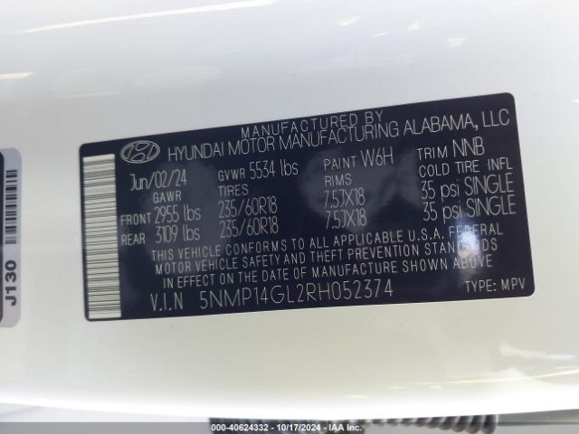5NMP14GL2RH052374 Hyundai Santa Fe Se