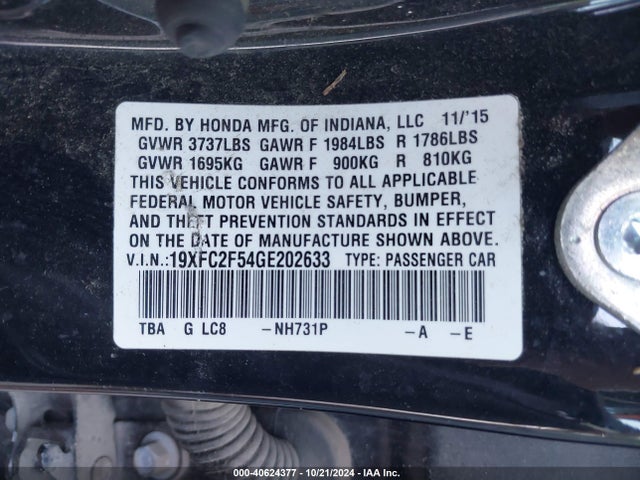 Honda Civic Lx 2016 19XFC2F54GE202633 Image 9