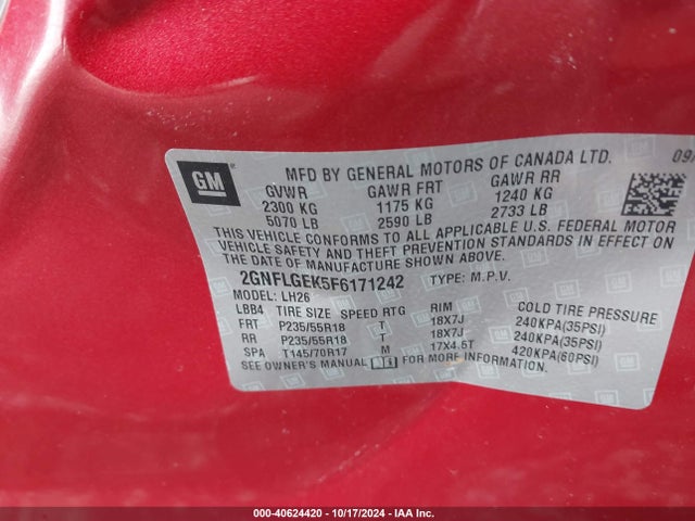 Chevrolet Equinox 2lt 2015 2GNFLGEK5F6171242 Image 9