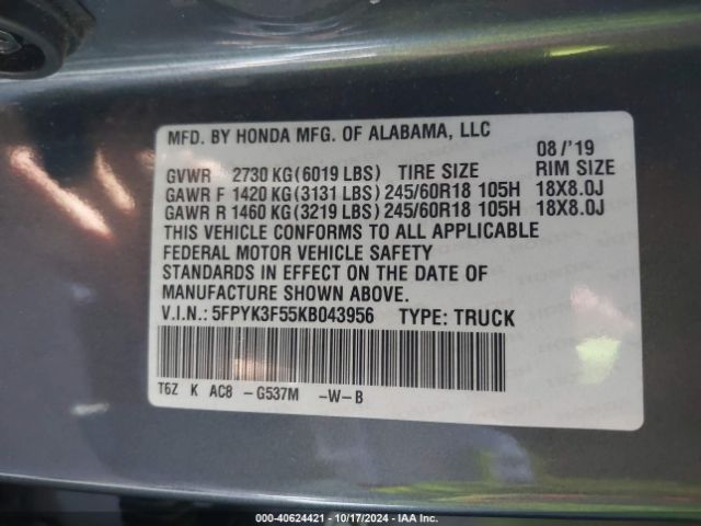 5FPYK3F55KB043956 Honda Ridgeline Rtl