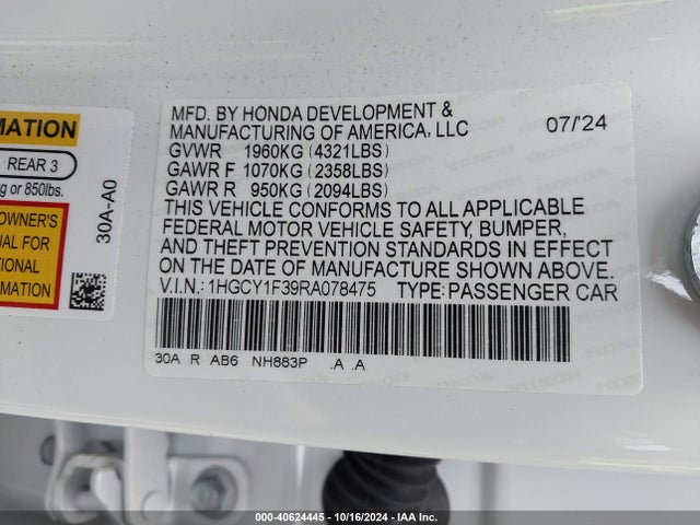 Honda ACCORD EX 2024 1HGCY1F39RA078475 Image 9