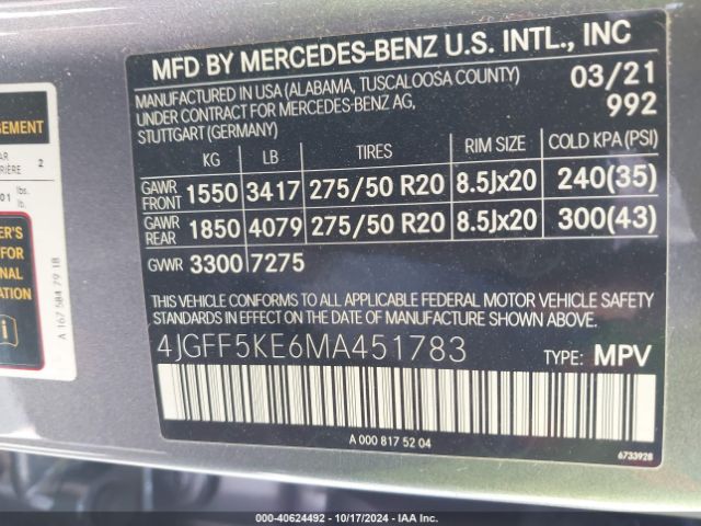 4JGFF5KE6MA451783 Mercedes-Benz Gls 450 4matic