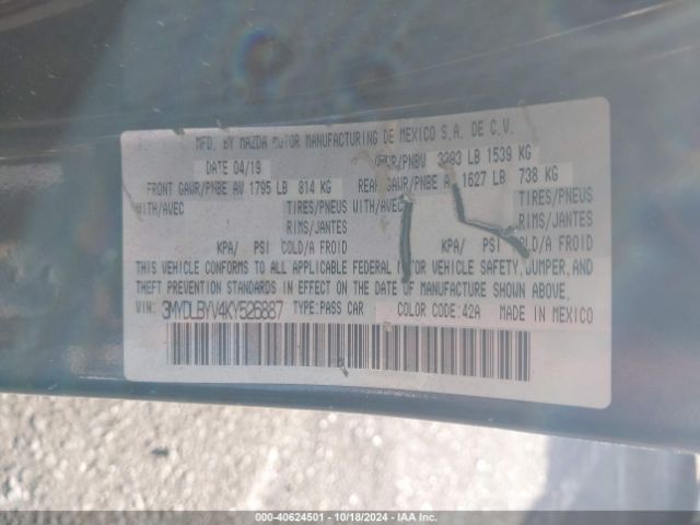 3MYDLBYV4KY526887 Toyota YARIS LE