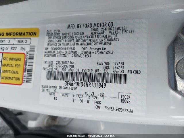 Ford FUSION SE 2017 3FA6P0HD4HR131849 Image 9