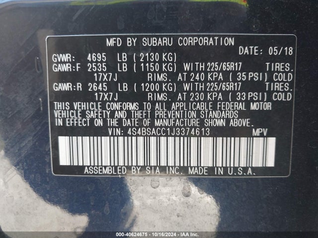 Subaru Outback 2.5i Premium 2018 4S4BSACC1J3374613 Image 9