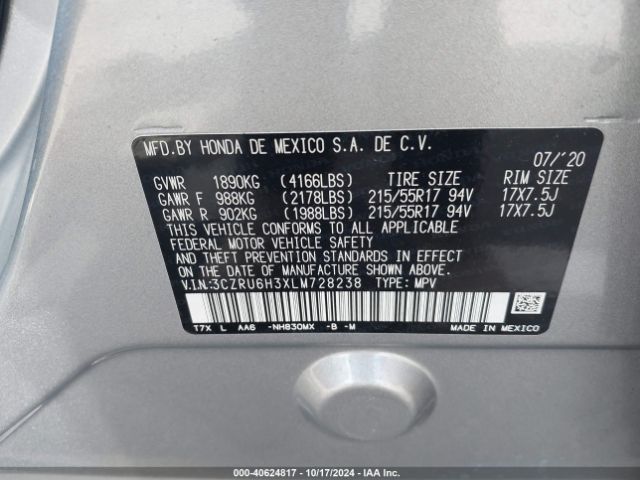 3CZRU6H3XLM728238 Honda Hr-v Awd Lx
