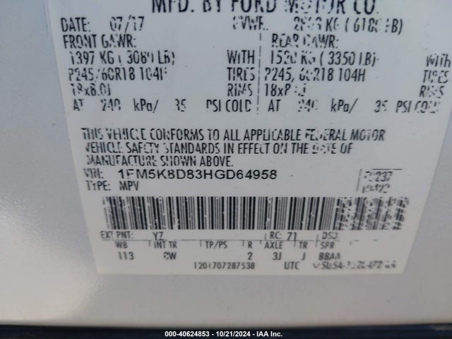 Ford EXPLORER XLT 2017 1FM5K8D83HGD64958 Image 9