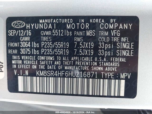 Hyundai Santa Fe Limited Ultimate 2017 KM8SR4HF6HU216871 Image 9