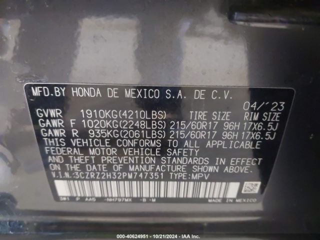 3CZRZ2H32PM747351 Honda Hr-v Awd Lx