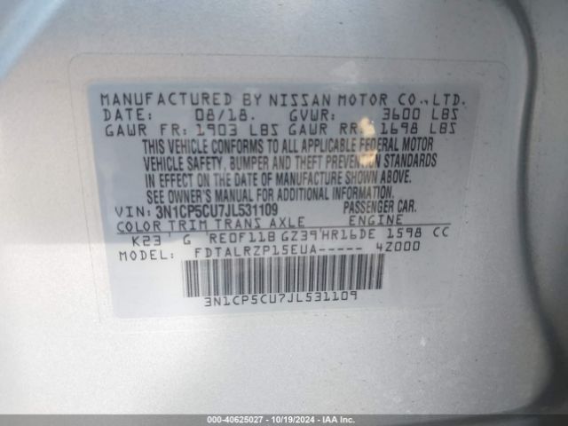 3N1CP5CU7JL531109 Nissan KICKS S